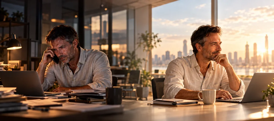 The same business owner in two contrasting working days: chasing work and working calmly