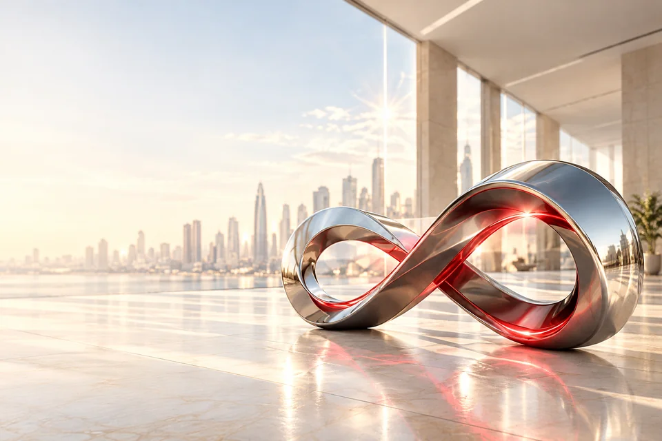 Polished silver infinity sculpture with a red reflection in a sunlit architectural space